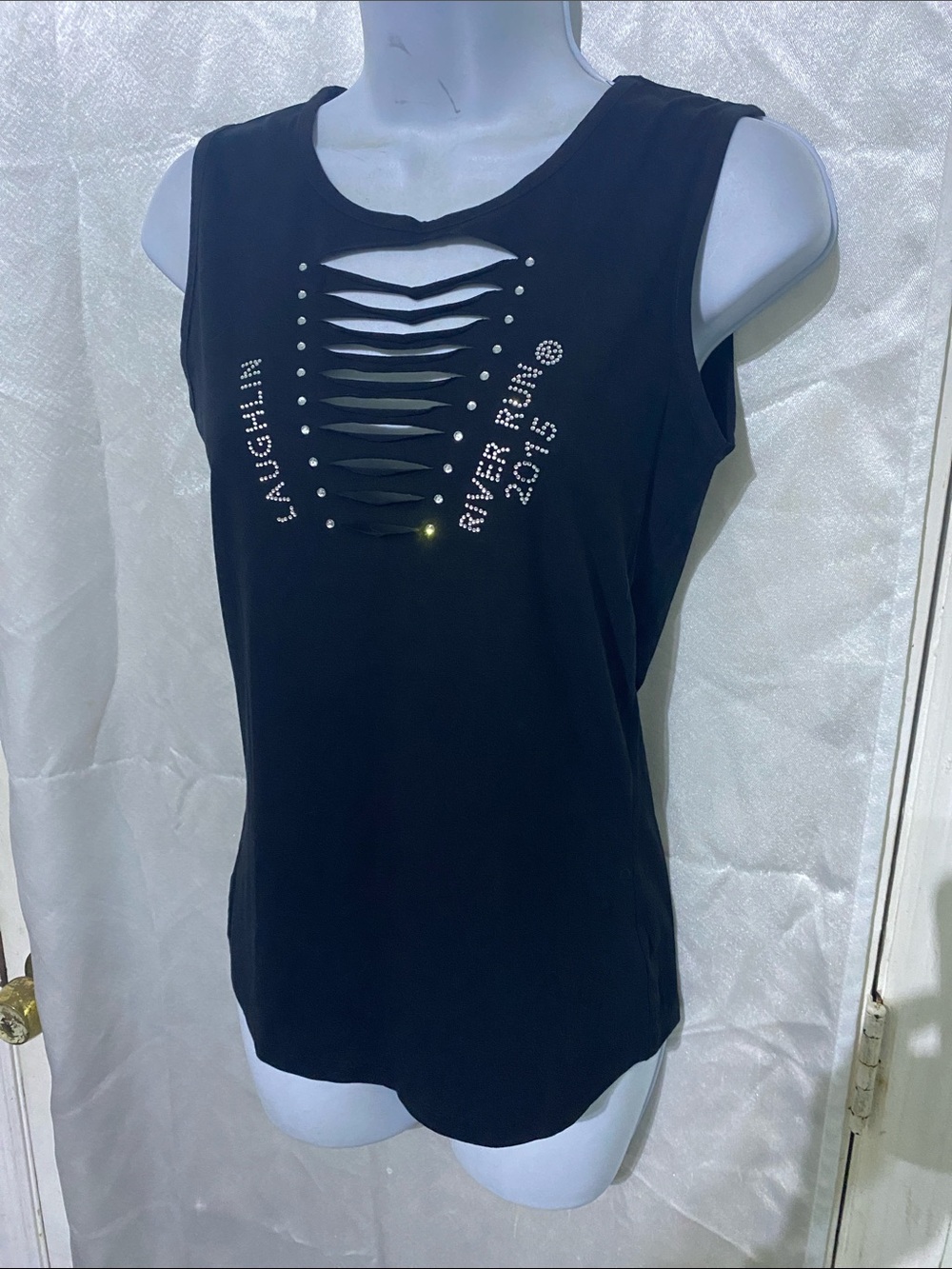 Black Sleeveless Cutout Tank with Rhinestone Accent